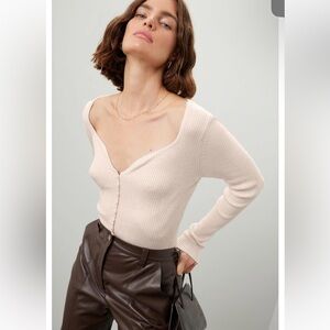 Louna Ribbed Long Sleeve Button-Front Top in Light Oatmeal Soft Stretchy XL